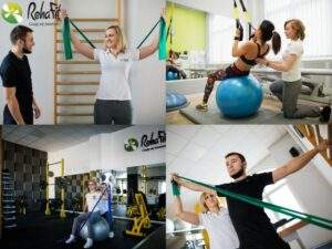 Fizjoterapeuci podczas rehabilitacji stawu ramiennego i obręczy barkowej. Skuteczna fizjoterapia, nowoczesne formy terapii.